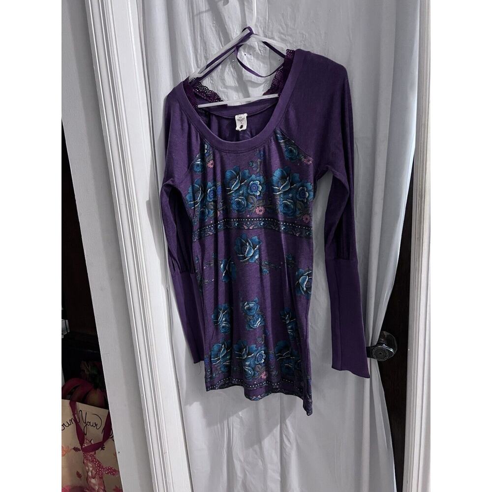 Free People Purple Floral Lace Trimmed Boho Tunic Lg Runs Small